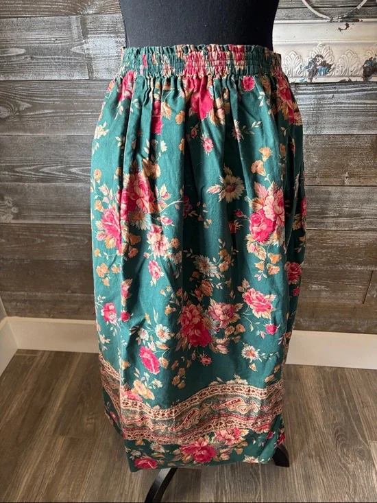 Vera Bradley Vintage (Size S/M/L) Teal Maxi Skirt with Pink Rose Print - Picture 5 of 9